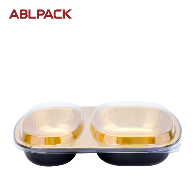 China High Quality Aluminum Food Package Manufacturers –ABLPACK 850 ML/28.3 OZ double cavities aluminum foil takeaway food tray with PET lids – ABL Baking detail pictures