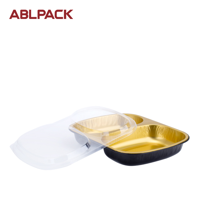 China High Quality Aluminum Food Package Manufacturers –ABLPACK 850 ML/28.3 OZ double cavities aluminum foil takeaway food tray with PET lids – ABL Baking detail pictures