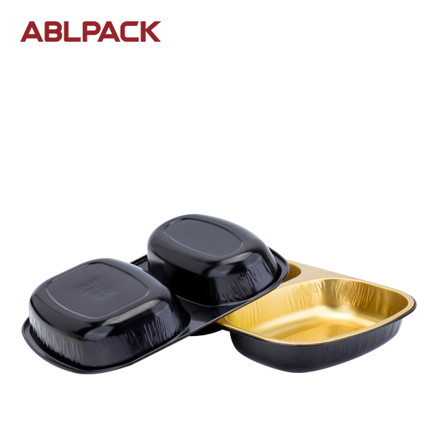 China High Quality Aluminum Food Package Manufacturers –ABLPACK 850 ML/28.3 OZ double cavities aluminum foil takeaway food tray with PET lids – ABL Baking detail pictures